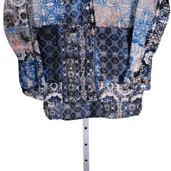 Soft Surroundings Women's Shirt Button Up Blue Brown Geometric Blouse Top Size L - Picture 6 of 9